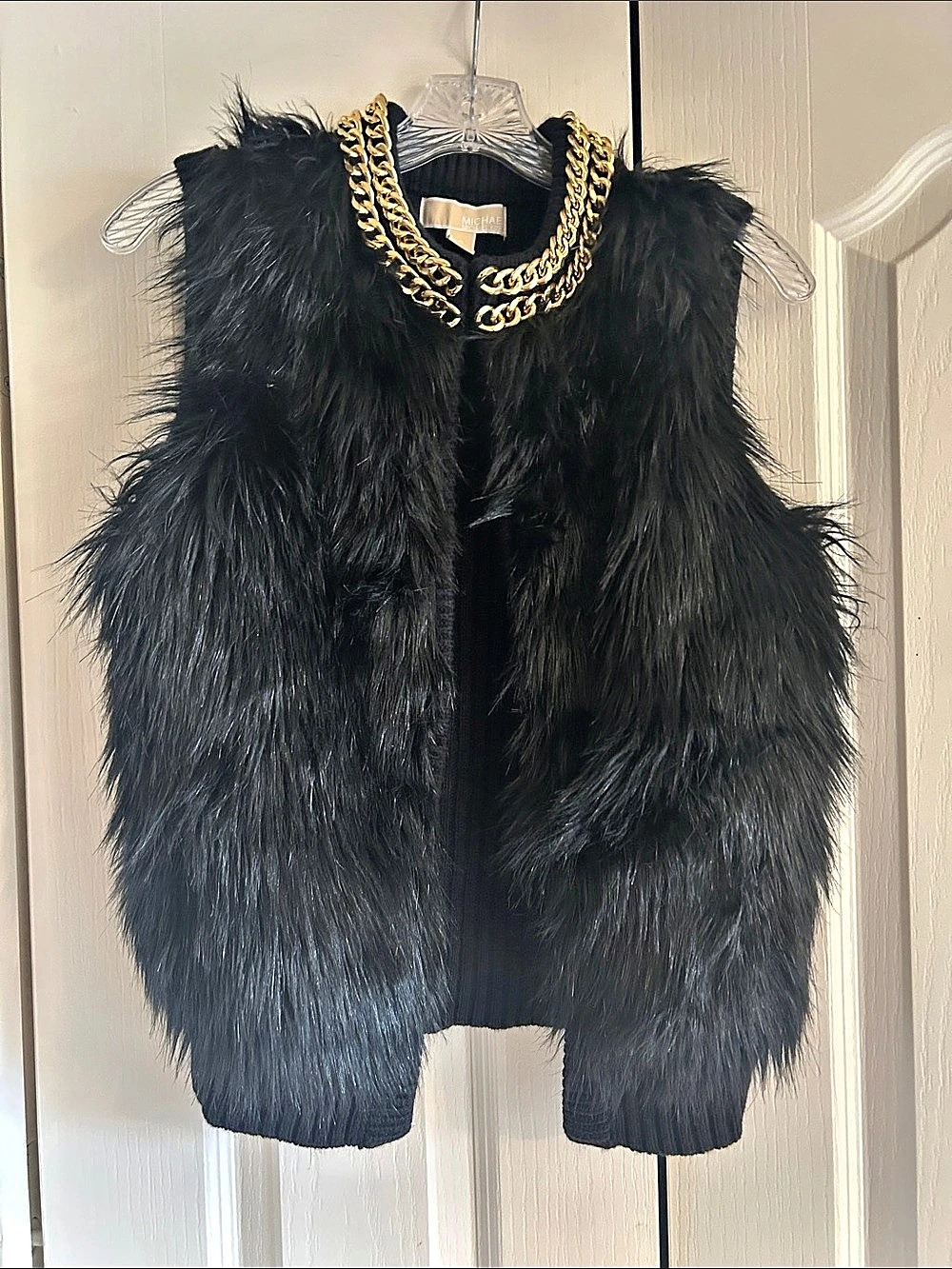 Michael Kors Gold Chain Embellished Faux-Fur Vest Black Small